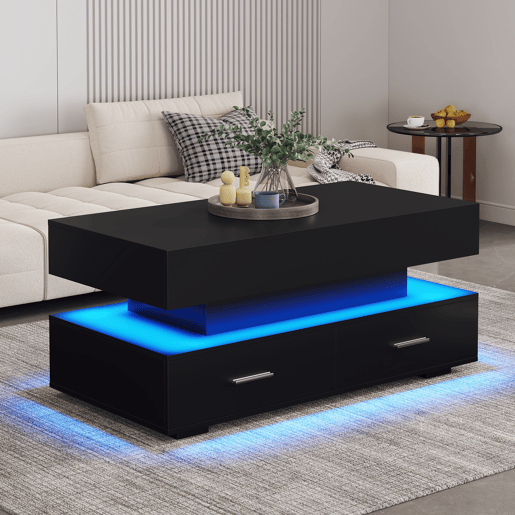 Mesa de centro regulável em altura com LED - 2 gavetas - Controlada por APP - Preto