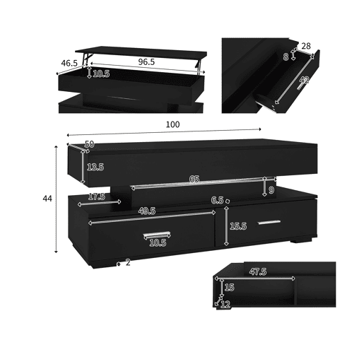 Mesa de centro regulável em altura com LED - 2 gavetas - Controlada por APP - Preto