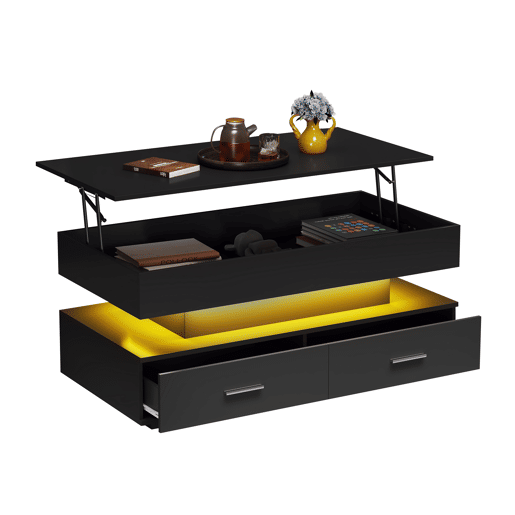 Mesa de centro regulável em altura com LED - 2 gavetas - Controlada por APP - Preto