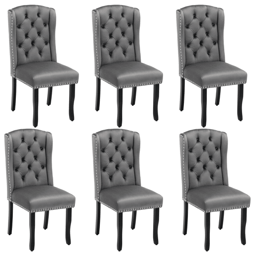Conjunto de 6 cadeiras de veludo com pernas de carvalho - decoradas com rebites - Cinzento
