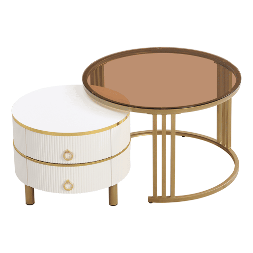 Conjunto de 2 mesas de centro com 2 gavetas - Tampo de vidro temperado castanho - Branco