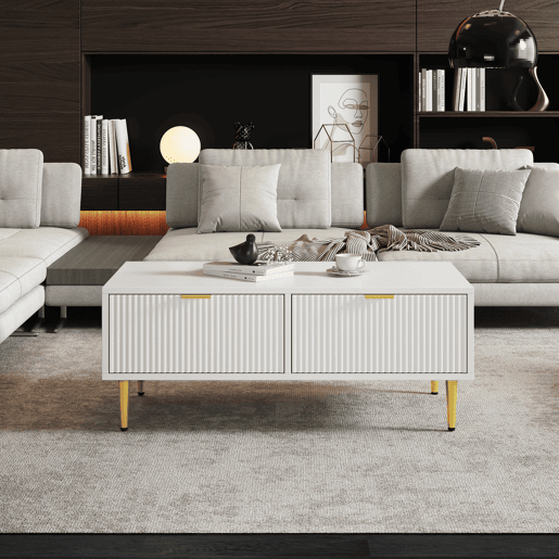 Mesa de centro - 2 gavetas - design de riscas verticais - Branco Mesa de centro - 2 gavetas - design de riscas verticais - Branco