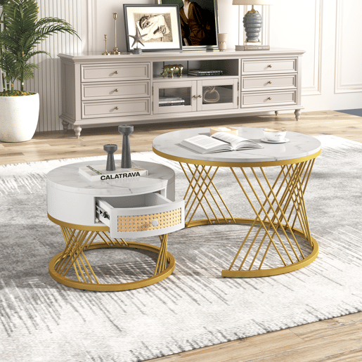 Conjunto de 2 mesas de centro - tampo com efeito mármore - Branco Conjunto de 2 mesas de centro - tampo com efeito mármore - Branco