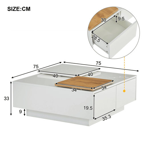 Mesa de centro quadrada 75x75x33,5cm - com 4 gavetas - Branco