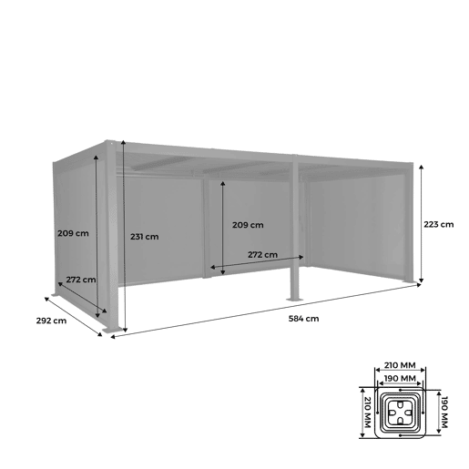 Pérgola bioclimática 3x6m alumínio e aço, lâminas ajustáveis + 4 toldos 3m, Palace 3x6m + acessórios, Antracite, 574x292x231 cm