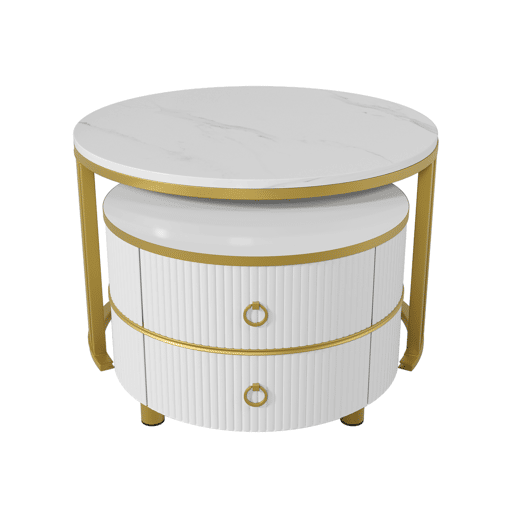 Conjunto de 2 mesas de centro com 2 gavetas - tampo com design em mármore - Ouro e Branco Conjunto de 2 mesas de centro com 2 gavetas - tampo com design em mármore - Ouro e Branco