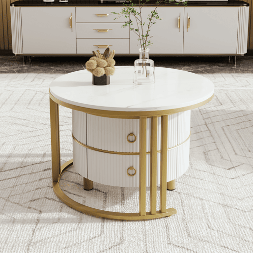 Conjunto de 2 mesas de centro com 2 gavetas - tampo com design em mármore - Ouro e Branco Conjunto de 2 mesas de centro com 2 gavetas - tampo com design em mármore - Ouro e Branco