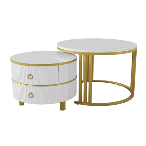 Conjunto de 2 mesas de centro com 2 gavetas - tampo com design em mármore - Ouro e Branco Conjunto de 2 mesas de centro com 2 gavetas - tampo com design em mármore - Ouro e Branco