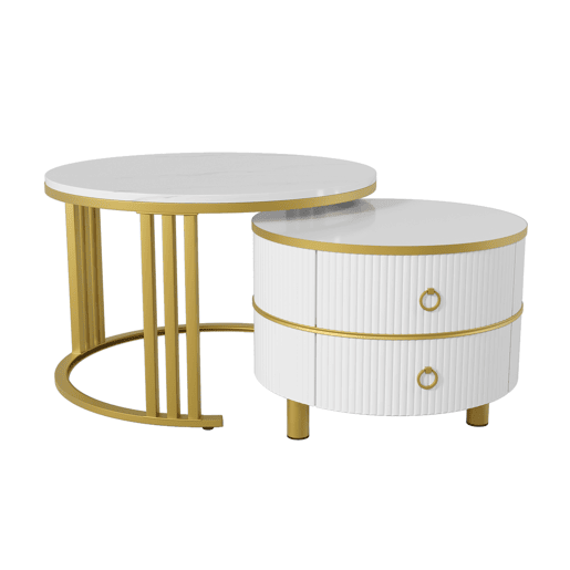 Conjunto de 2 mesas de centro com 2 gavetas - tampo com design em mármore - Ouro e Branco Conjunto de 2 mesas de centro com 2 gavetas - tampo com design em mármore - Ouro e Branco