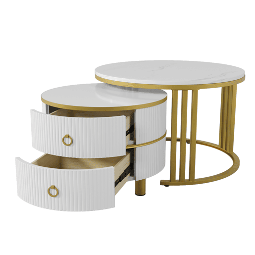 Conjunto de 2 mesas de centro com 2 gavetas - tampo com design em mármore - Ouro e Branco Conjunto de 2 mesas de centro com 2 gavetas - tampo com design em mármore - Ouro e Branco