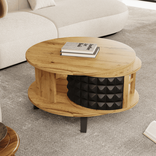 Mesa de centro - com arrumação interior giratória - Natural e Preto