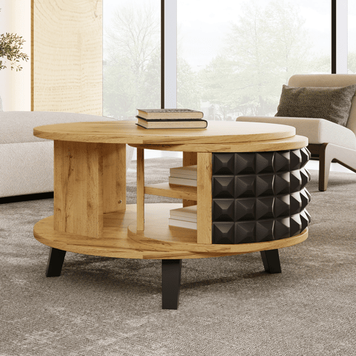 Mesa de centro - com arrumação interior giratória - Natural e Preto