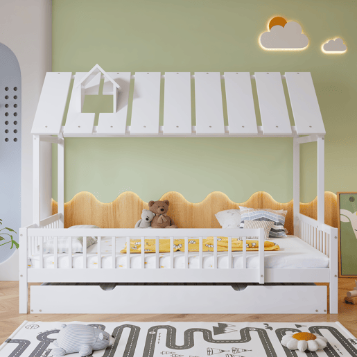 Cama de criança 120x200 cm com cama com gavetão 120x190 cm - em madeira de pinho e MDF - Branco