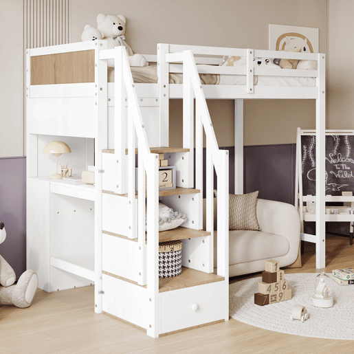 Cama mezzanine em madeira - 90x200 cm - com secretária, prateleiras e escada de arrumação - Branco