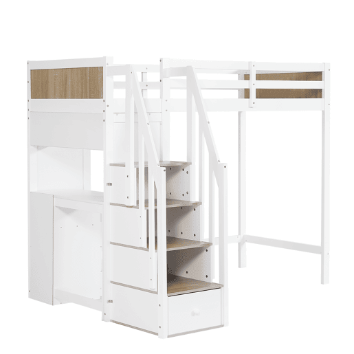 Cama mezzanine em madeira - 90x200 cm - com secretária, prateleiras e escada de arrumação - Branco