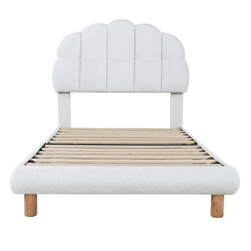 Cama de solteiro para criança 90x200cm estofada em tecido felpudo francês - cabeceira em forma de marshmallow - com estrado de ripas em MDF - Branco