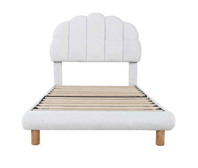 Cama infantil individual 90x200cm tapizada en tejido de rizo francés - cabecero en forma de malvavisco - con somier de láminas de mdf - blanco