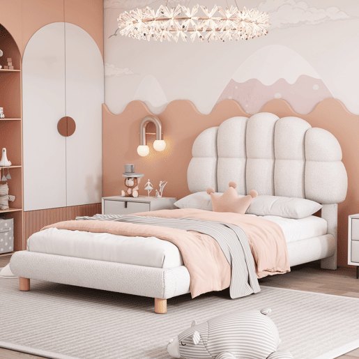 Cama de solteiro para criança 90x200cm estofada em tecido felpudo francês - cabeceira em forma de marshmallow - com estrado de ripas em MDF - Branco