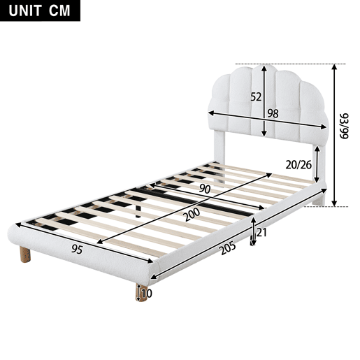 Cama de solteiro para criança 90x200cm estofada em tecido felpudo francês - cabeceira em forma de marshmallow - com estrado de ripas em MDF - Branco
