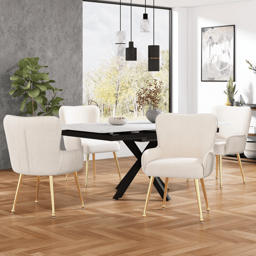 Conjunto de 6 cadeiras de veludo - com braços e pernas de metal dourado - Bege e dourado Conjunto de 6 cadeiras de veludo - com braços e pernas de metal dourado - Bege e dourado