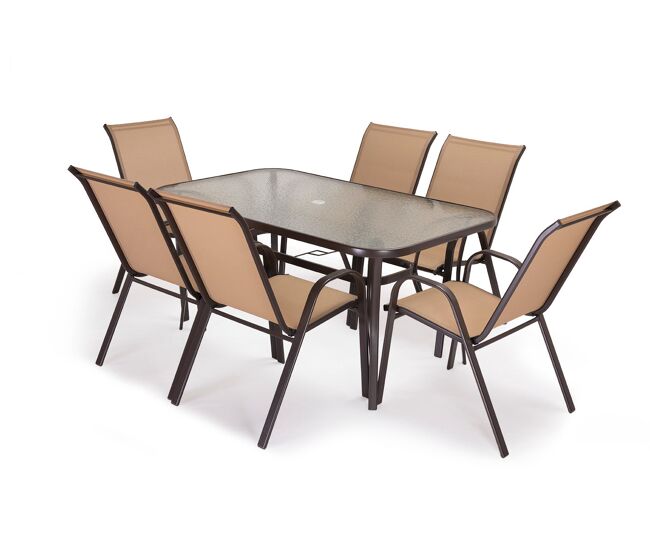 Mesa de cristal templado hc + 6 sillas. muebles de jardin y terraza