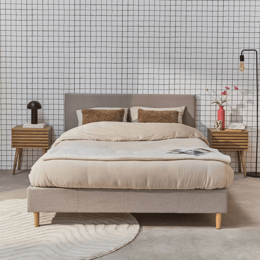 Cama com base de ripas e cabeceira 140cm, acabamento em tecido simple, Marlon, Beige, 202x148x89 cm