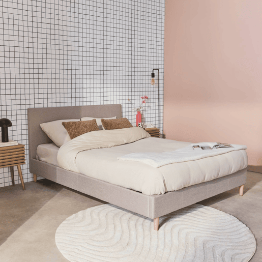 Cama com base de ripas e cabeceira 140cm, acabamento em tecido simple, Marlon, Beige, 202x148x89 cm