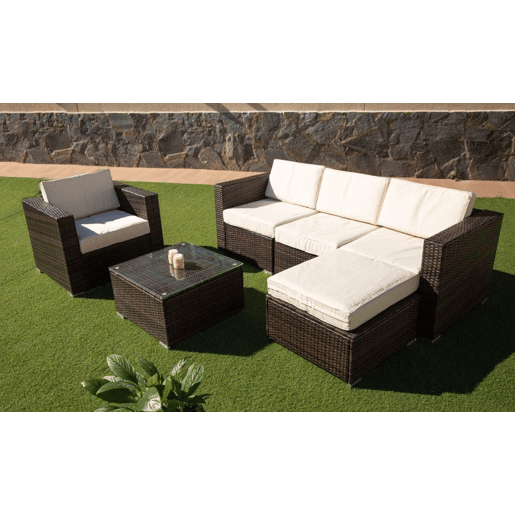 Sofá Chaise Longue + Poltrona + Mesa Rattan PE. Móveis de jardim e terraço