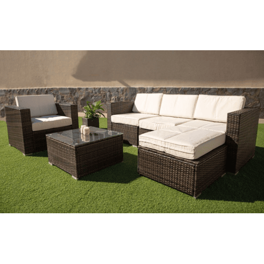 Sofá Chaise Longue + Poltrona + Mesa Rattan PE. Móveis de jardim e terraço