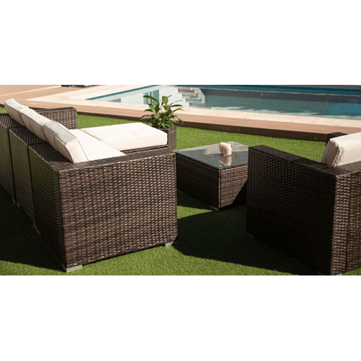 Sofá Chaise Longue + Poltrona + Mesa Rattan PE. Móveis de jardim e terraço