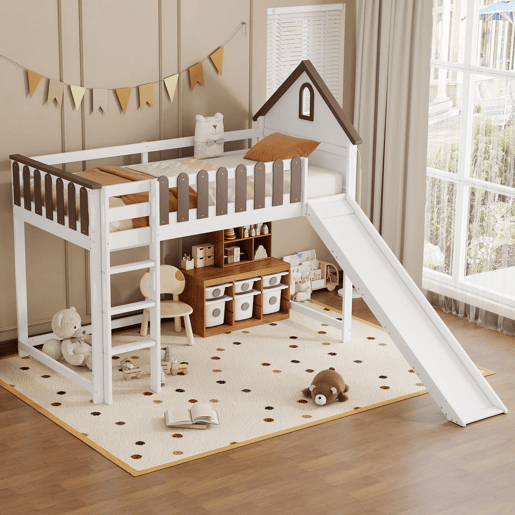 Cama alta 90x200 cm com escada e escorrega - em madeira de pinho e MDF - Branco e castanho
