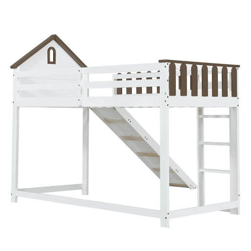 Cama alta 90x200 cm com escada e escorrega - em madeira de pinho e MDF - Branco e castanho