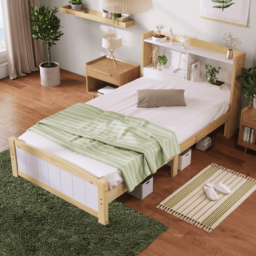 Cama de criança em madeira maciça com cabeceira + estrado de molas - 90x200cm - natural e branco