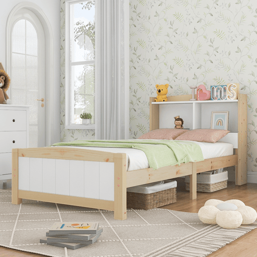 Cama de criança em madeira maciça com cabeceira + estrado de molas - 90x200cm - natural e branco