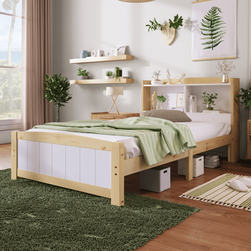 Cama de criança em madeira maciça com cabeceira + estrado de molas - 90x200cm - natural e branco