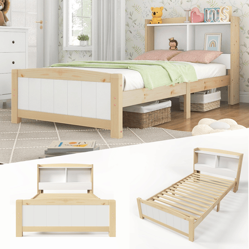 Cama de criança em madeira maciça com cabeceira + estrado de molas - 90x200cm - natural e branco