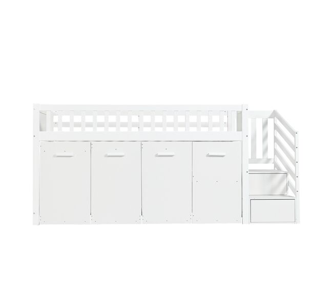 Cama entrepiso de madera de 90x200 cm - con escritorio/armario/taquillas extraíbles y escalera de almacenamiento - blanco
