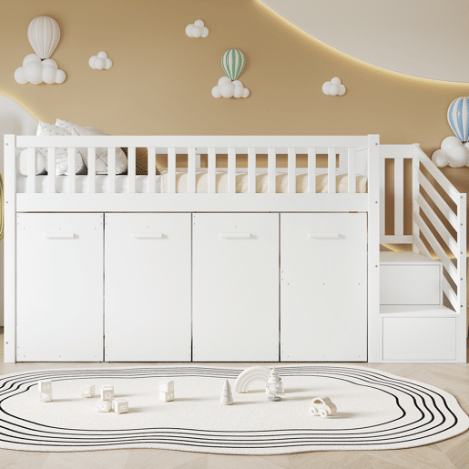 Cama mezzanine em madeira 90x200 cm - com secretáriagabinetearmário extraível e escada de arrumação - Branco