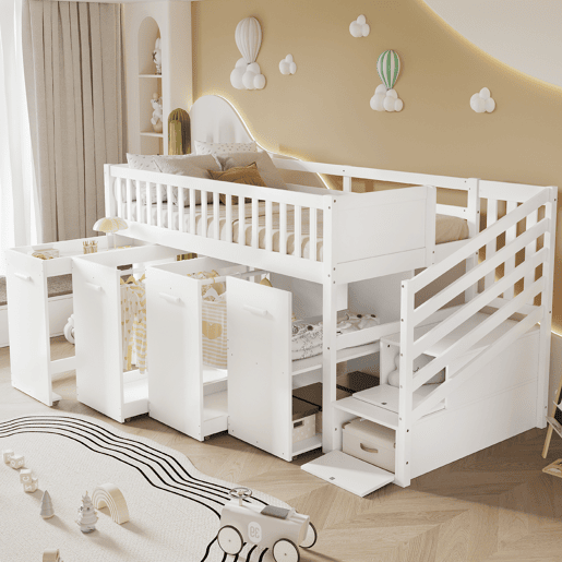 Cama mezzanine em madeira 90x200 cm - com secretáriagabinetearmário extraível e escada de arrumação - Branco