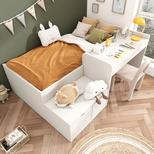 Cama de criança em madeira 90x200 cm - com secretária e gavetas - com estrado - Branco