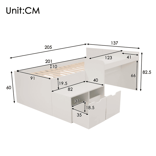 Cama de criança em madeira 90x200 cm - com secretária e gavetas - com estrado - Branco