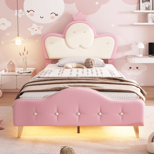 Cama de criança 90x200cm em pele sintética - com LED - Rosa e branco