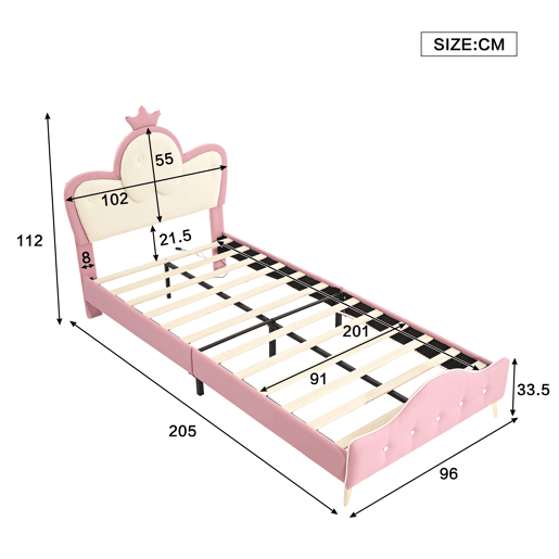 Cama de criança 90x200cm em pele sintética - com LED - Rosa e branco