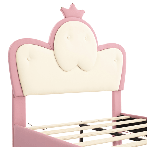 Cama de criança 90x200cm em pele sintética - com LED - Rosa e branco