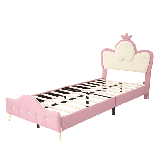 Cama de criança 90x200cm em pele sintética - com LED - Rosa e branco