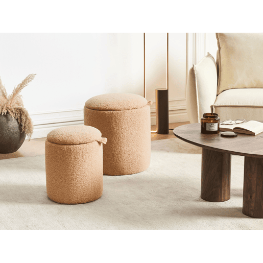 Conjunto de 2 tamboretes com arrumação BEREA Bouclé Castanho claro 3040 cm 3040 cm 3746 cm