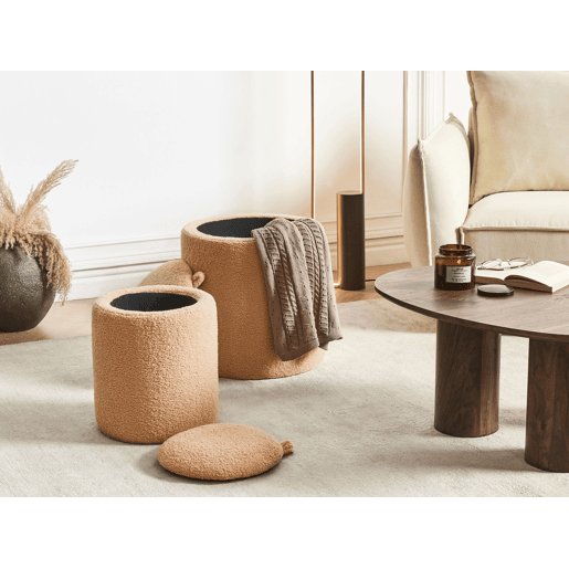 Conjunto de 2 tamboretes com arrumação BEREA Bouclé Castanho claro 3040 cm 3040 cm 3746 cm