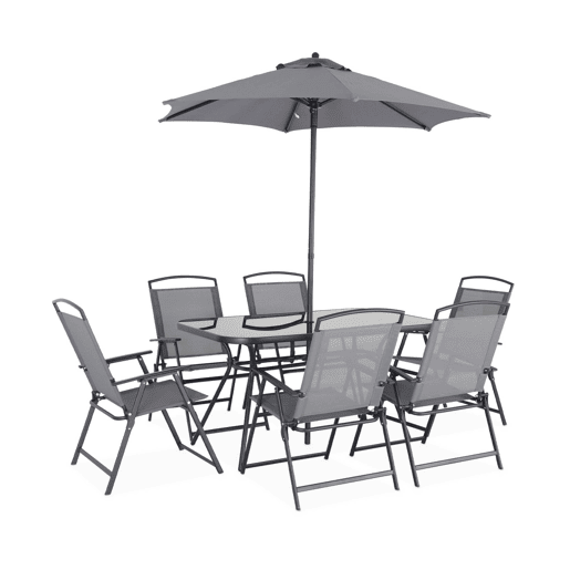 Mesa de jardim em aço, 6 poltronas e 1 guarda-sol, Sonia, Cinza, 140x80x71.5 cm