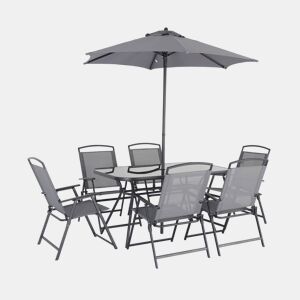 Mesa de jardim em aço, 6 poltronas e 1 guarda-sol, Sonia, Cinza, 140x80x71.5 cm