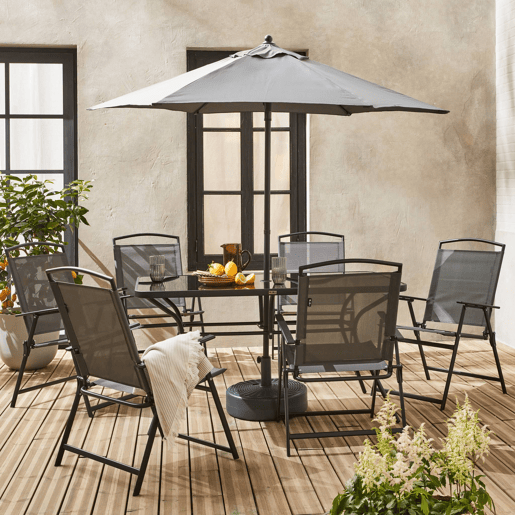 Mesa de jardim em aço, 6 poltronas e 1 guarda-sol, Sonia, Cinza, 140x80x71.5 cm